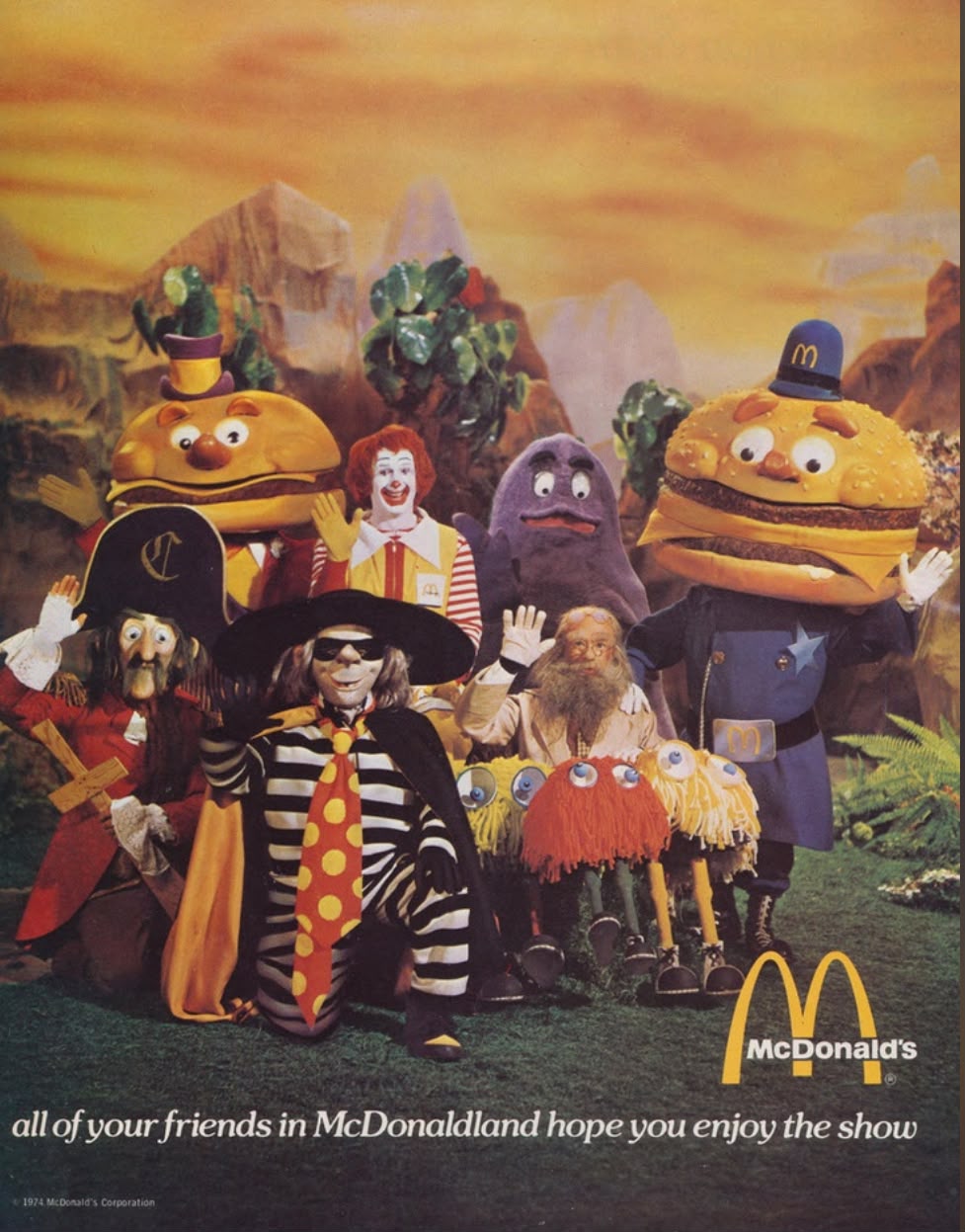 Personagens do McDonaldland em anúncio do McDonald's de 1974