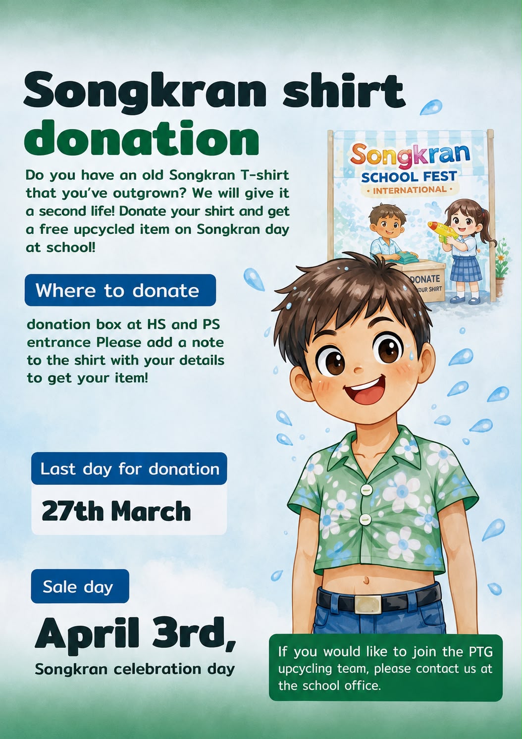 Cartaz digital de doação de camisetas de Songkran em uma escola